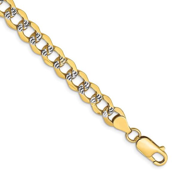6.75mm 14k Yellow Gold & Rhodium Hollow Pave Curb Chain Bracelet 8 In